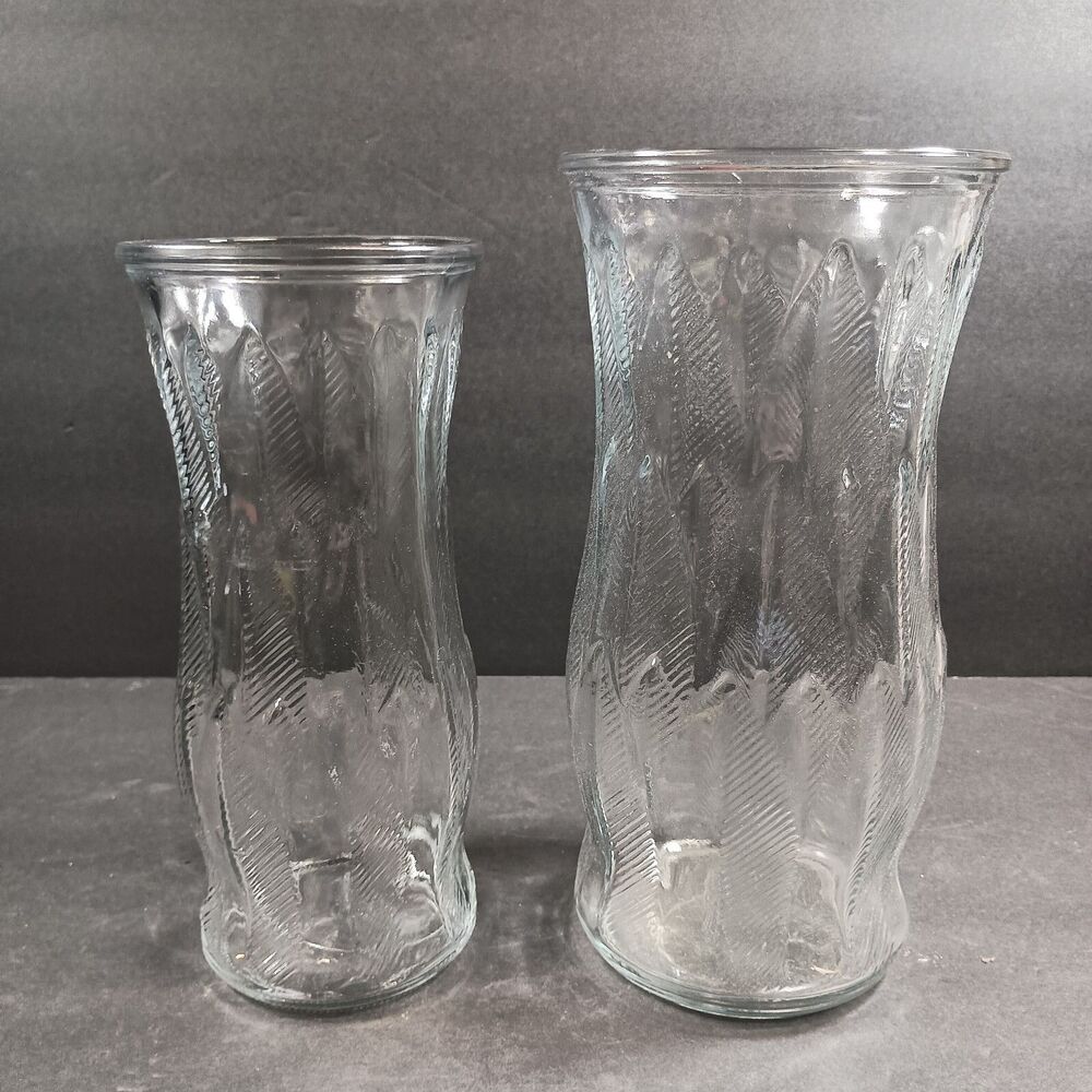 Set 2 Clear Glass Vases Flower Floral  Feather Arrow Textured Brody Co 7 18